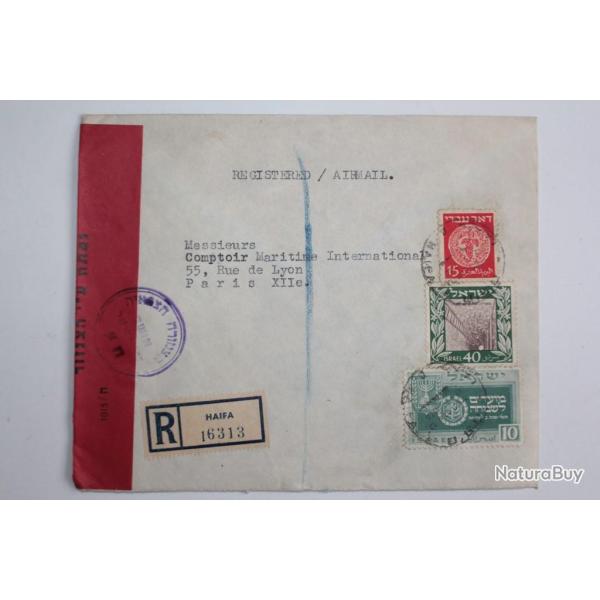 Enveloppe air mail Isra�l censor recommand�e 1950