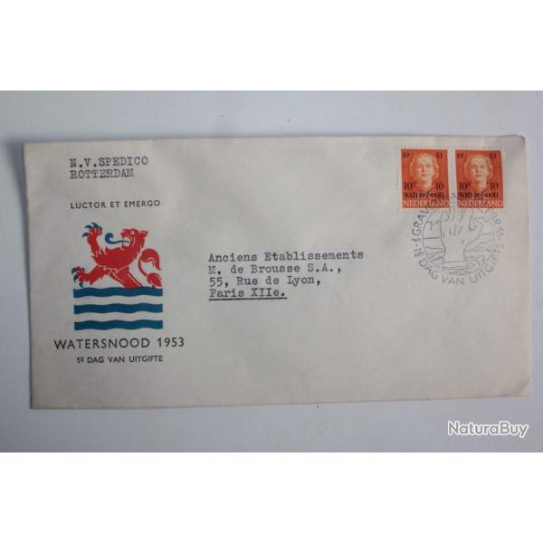Enveloppe Watersnood cachet dag van Uitgifte Pays bas 1953