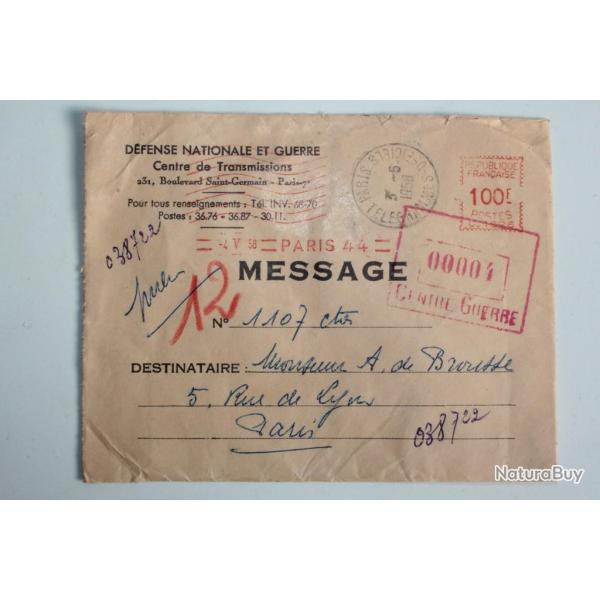 Enveloppe d�fense nationale et guerre cachet centre de guerre 1958