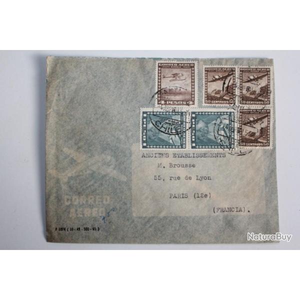 Enveloppe air mail Timbre Chili poste a�rienne 4 pesos 1950