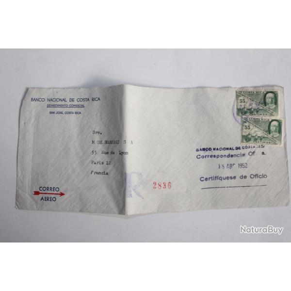 Enveloppe air mail Banco Costa Rica cachet Wishington pour Paris 1952