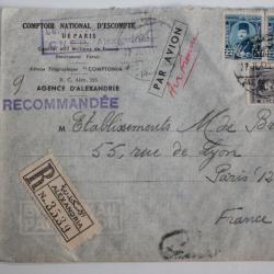 Enveloppe comptoir national d'escompte de Paris Alexandria Égypte 1949