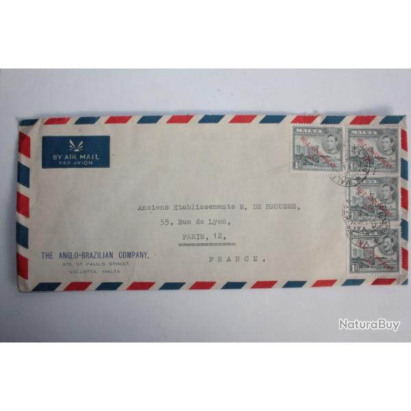 Enveloppe timbres Malte self government air mail 1947