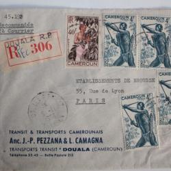 Enveloppe timbres Cameroun recommandée douala 1958