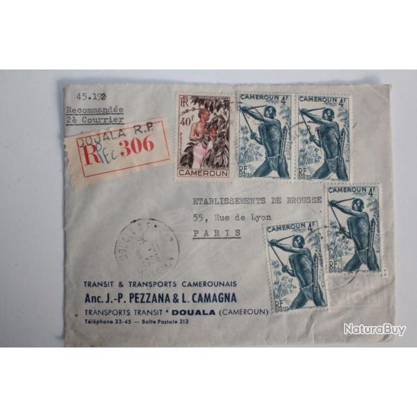 Enveloppe timbres Cameroun recommand�e douala 1958