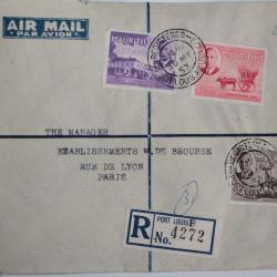 Enveloppe timbres Mauritius air mail recommand&eacute;e 1953