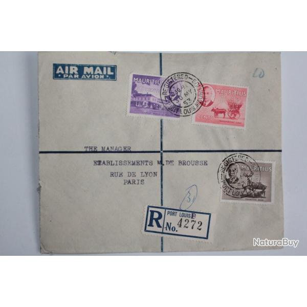 Enveloppe timbres Mauritius air mail recommand�e 1953