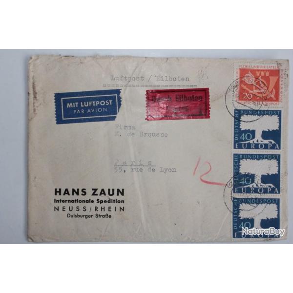 Enveloppe timbres Allemagne flora Europa par avion expr�s 1957
