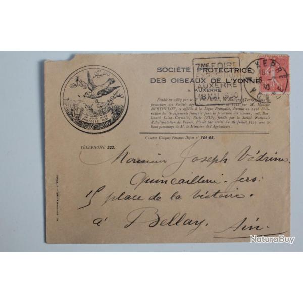 Enveloppe soci�t� protectrice des oiseux flamme exposition Auxerre 1930