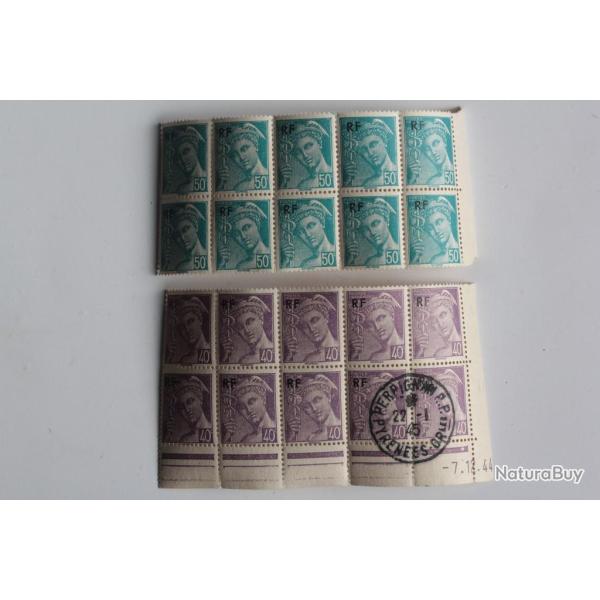 Timbres France mercure 40c et 50c blocs x10 surcharge 1944 neufs