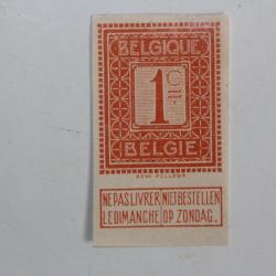 Timbre Belgique 1c non dentel&eacute; 1912-1913 neuf