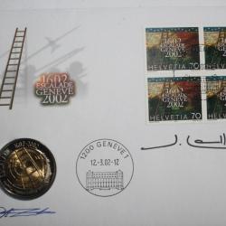 Timbre Suisse bloc x4 PJ avec pi&egrave;ce de monaie 5 Fr 2002