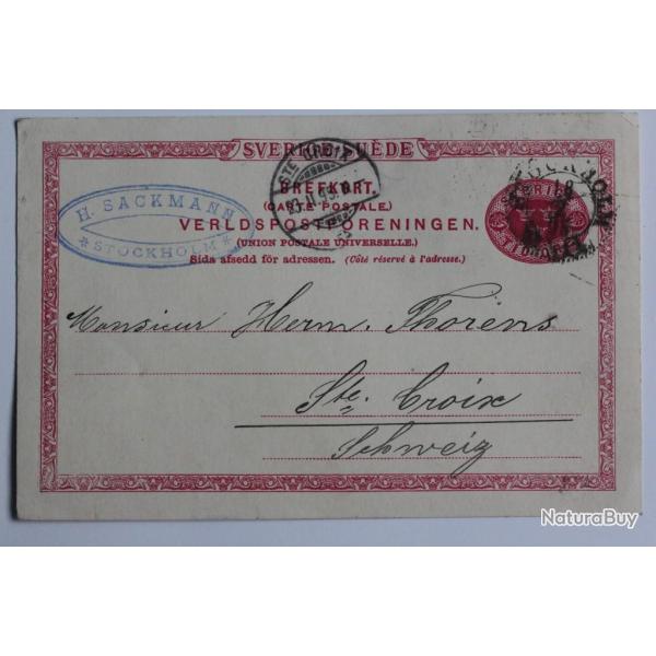 Entier postale Su�de tio ore cachet H.Sackmann Stockholm 1895