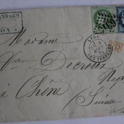 Pli marque postale France c&eacute;r&egrave;s III r&eacute;publique 5c et 25c 1874