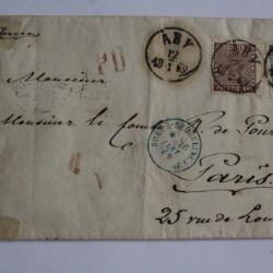 Pli marque postale Su&egrave;de trettio et tolf ore 1869 cachet Erquelines