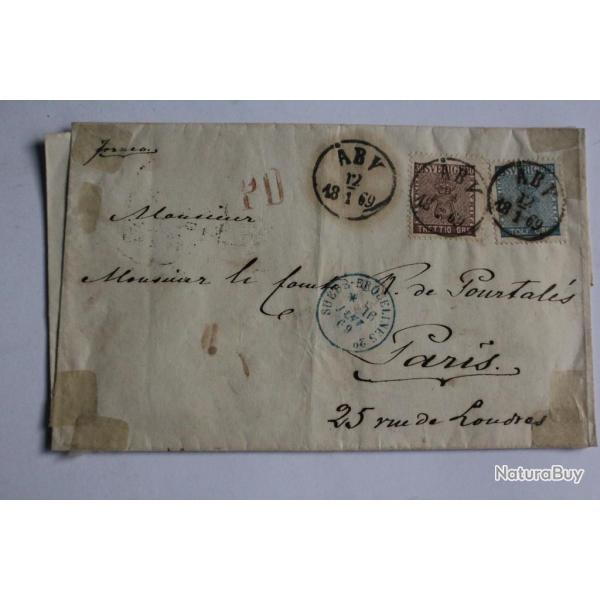 Pli marque postale Su�de trettio et tolf ore 1869 cachet Erquelines