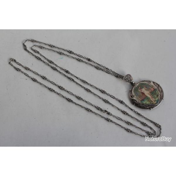 Pendentif M�daillon argent �maill� Femme nue Art Nouveau Bijoux