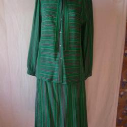 CARVEN Tailleur Chemisier + Jupe rayures vertes soie vintage mode femme