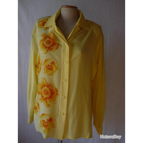 ESCADA chemisier soie jaune motifs soleils mode vintage T 42