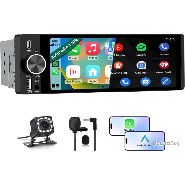 Autoradio 1 DIN avec �cran Tactile HD 6,36" : CarPlay & Android Auto sans Fil : Bluetooth 5.0 : FM :