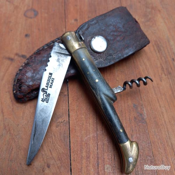 Ancien Couteau Rgional LAGUIOLE MAKI 2 Pices Manche Manche en Corne avec tui en cuir