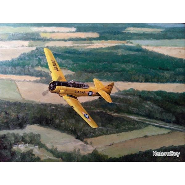 Un tableau ; Huile sur bois de chne reprsentant l' avion " NORTH AMERICAN " TG texan de 1935