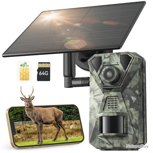 Camra de Faune 4G LTE Solaire 2.7K 64Go 120 Grand Angle Vision Nocturne PIR IP66 Batterie 7800mAh