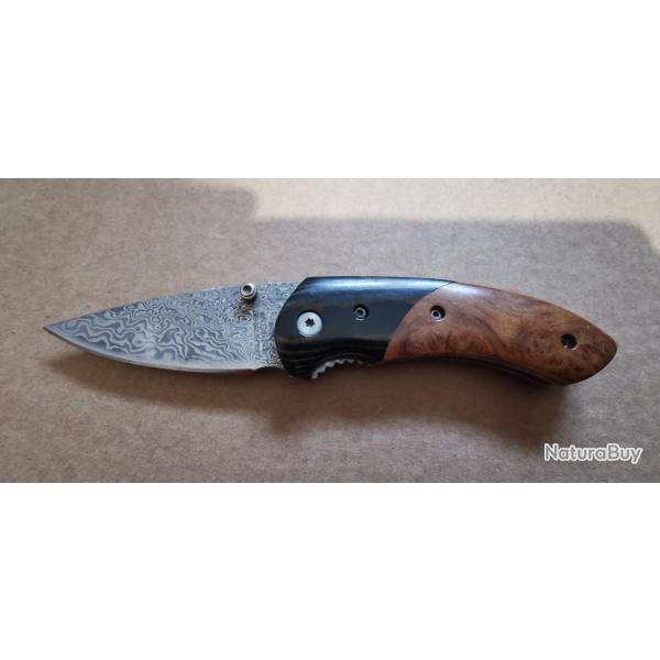 Couteau pliant herbertz lame damas, manche loupe de noyer