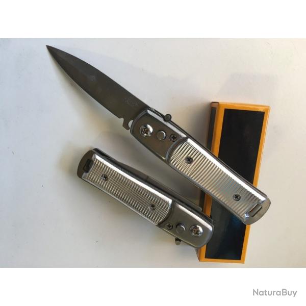 Petit Couteau Automatique Lame Acier Fine Droite 6,5 Cm Manche Alu 9 Cm