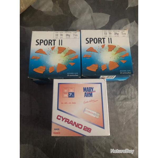 LIVRAISON OFFERTE  3 x25 cartouche  pb 7,5 bernizan sport 2 +25 maryarmcyrano cal 12/ 70  28g