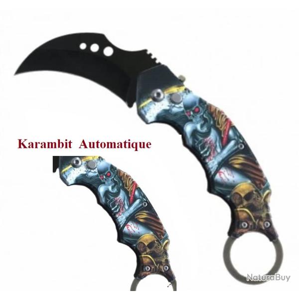 Couteau Pliant Karambit Skull gris et orange  Lame de 7 cm