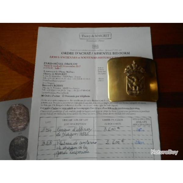 Plateau de ceinturon troupe de dragon de la garde Imp�riale en laiton ,motif central � l'aigle