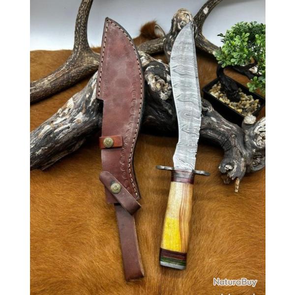 Couteau Bowie RITE EDGE lame acier damas 256couches : pi�ce unique manche en bois ref NBC5