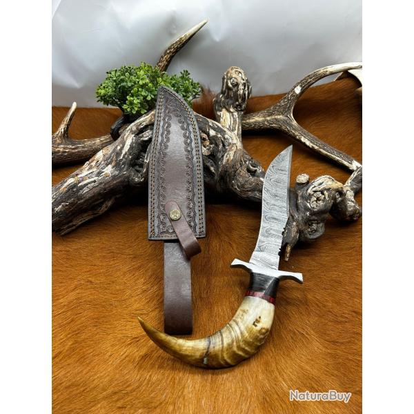 Couteau Bowie RITE EDGE lame acier damas 256couches: manche en corne de blier ref NB163