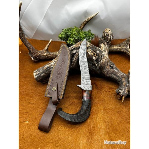 Couteau Bowie RITE EDGE lame acier damas 256couches: manche en corne de blier ref NB158