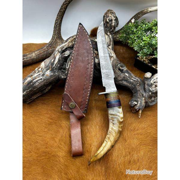 Couteau Bowie RITE EDGE lame acier damas 256couches: manche en corne de blier ref NC29