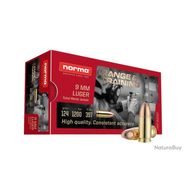 Cartouches NORMA RANGE & TRAINING Calibre 9mmx19 FMJ - 124grs - Boite de 50 unit�s