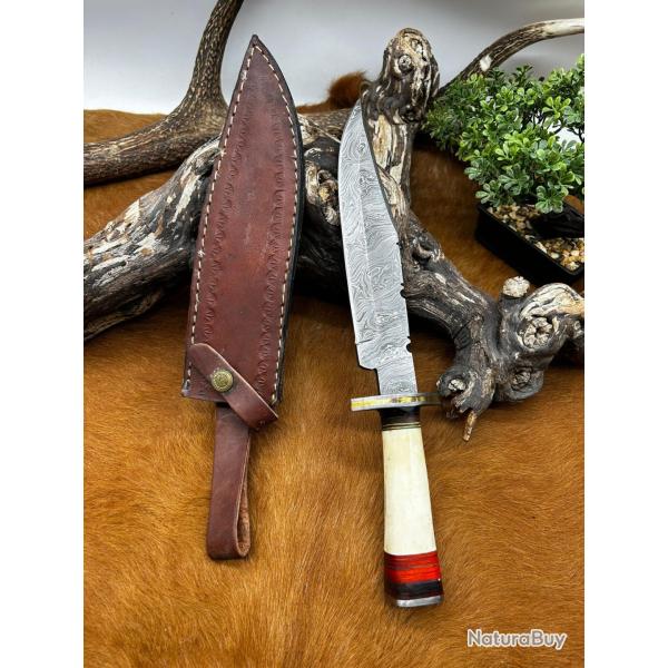 Couteau Bowie RITE EDGE lame acier damas 256couches: manche en os ref NO43