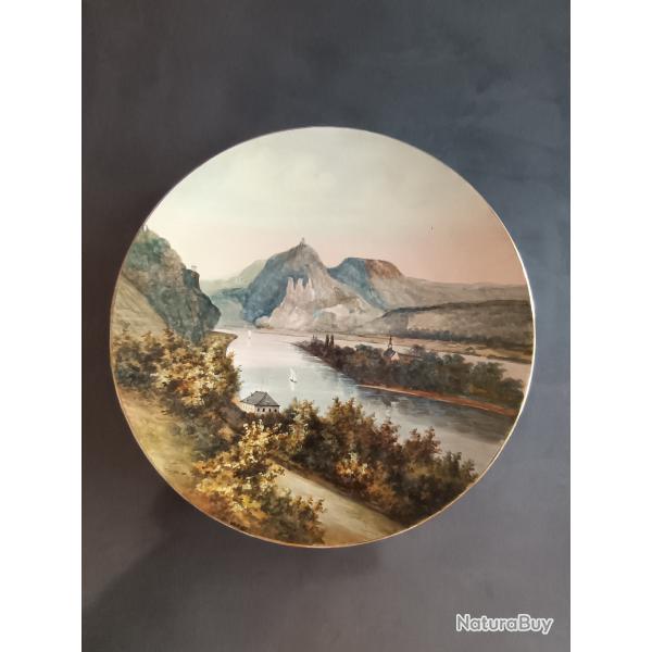 Peinture  l'huile de la valle du Rhin sur grande assiette terre cuite estampille anne 1960 /1970