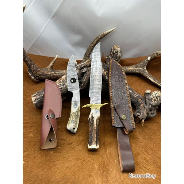 Set Bowie de chasse et couteau skinner RITE EDGE: Manche en bois de Cerf avec �tui en Cuir ref NS603