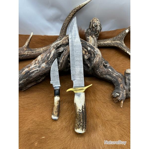 Set Bowie de chasse RITE EDGE avec mini-couteau : Manche en bois de Cerf avec �tui en Cuir NS602