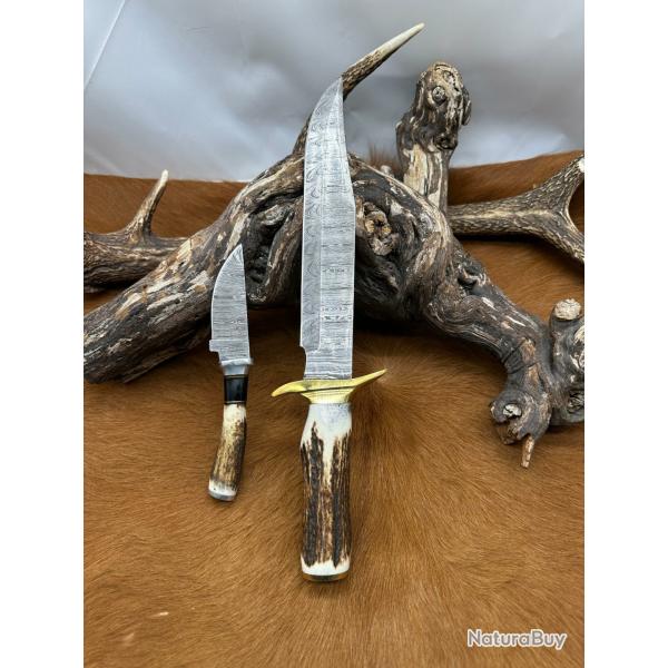 Set Bowie de chasse RITE EDGE avec mini-couteau : Manche en bois de Cerf avec �tui en Cuir NS600