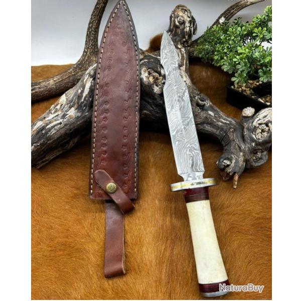 Couteau Bowie RITE EDGE lame en acier damas 256 couches manche en OS ref NO55