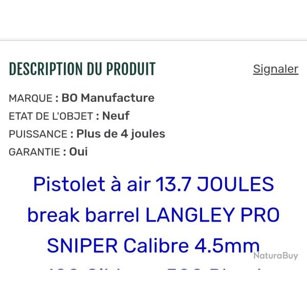 Pistolet a air 13.7 joules 4.5 langley pro sniper