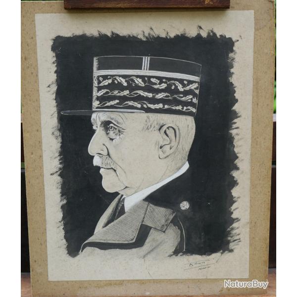 rare dessin � l'encre sign� et original d'�poque portrait de P�tain 1941 sign� A.HAM SDC25PET002