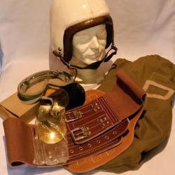Ensemble pilote casque Gu&eacute;neau type BE lunette ceinture maintien vintage