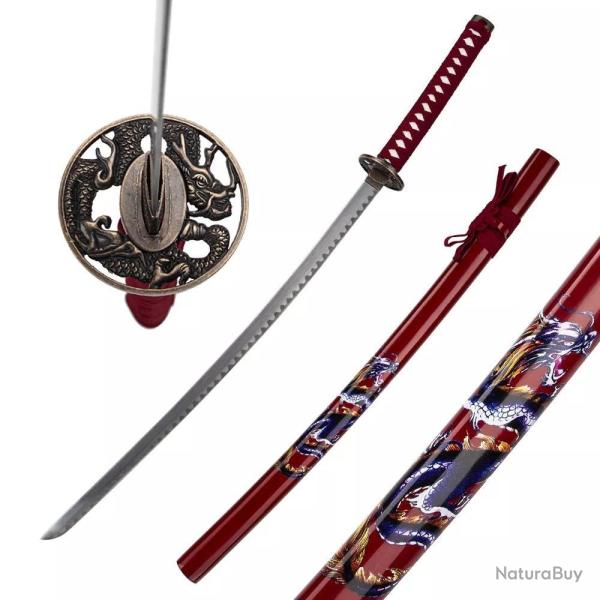KATANA DECO LAME ACIER MOTIF DRAGON ROUGE