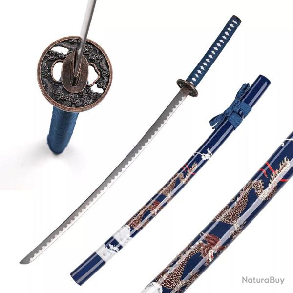 KATANA DECO LAME ACIER MOTIF DRAGON BLEU