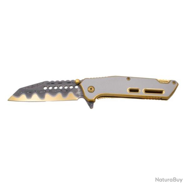 COUTEAU PLIANT THIRD GRIS ET DORE LAME MOTIF DAMASSE DORE