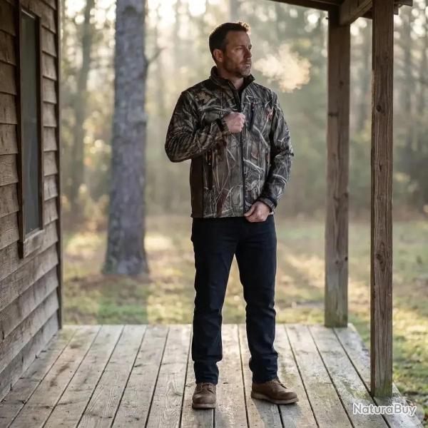 Blouson chasse softshell 4 poches polyester camo kaki S � 3XL